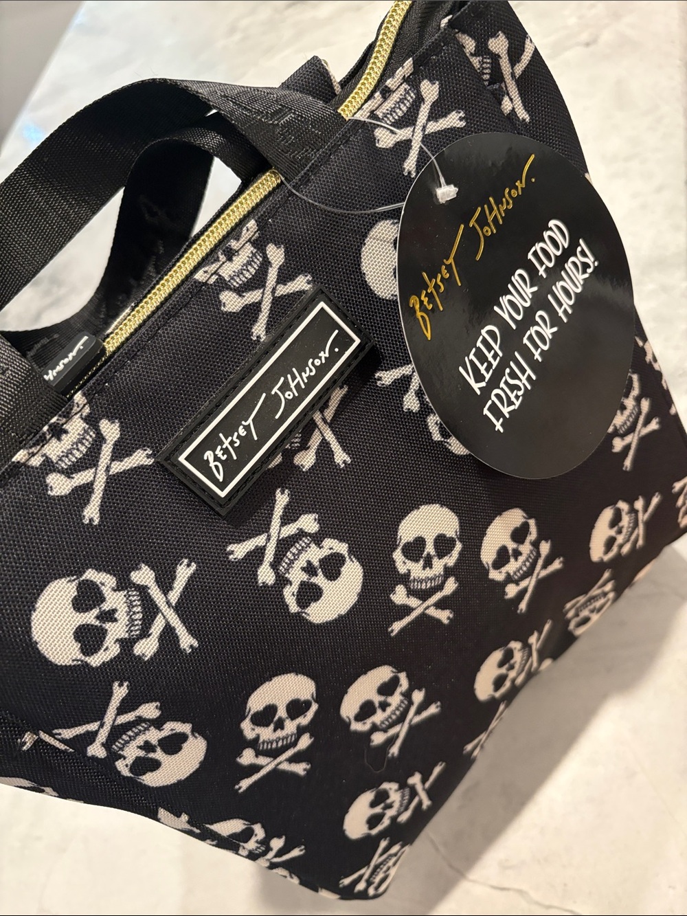 Betsey Johnson Black and Cream Skull Toiletry  lunchbox Crossbody Bag